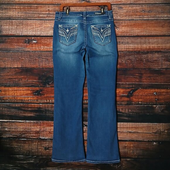 Vigoss Jeans Size 10 Boot Cut Mid Rise Embellished Dark Blue Denim Stretch - Picture 3 of 11